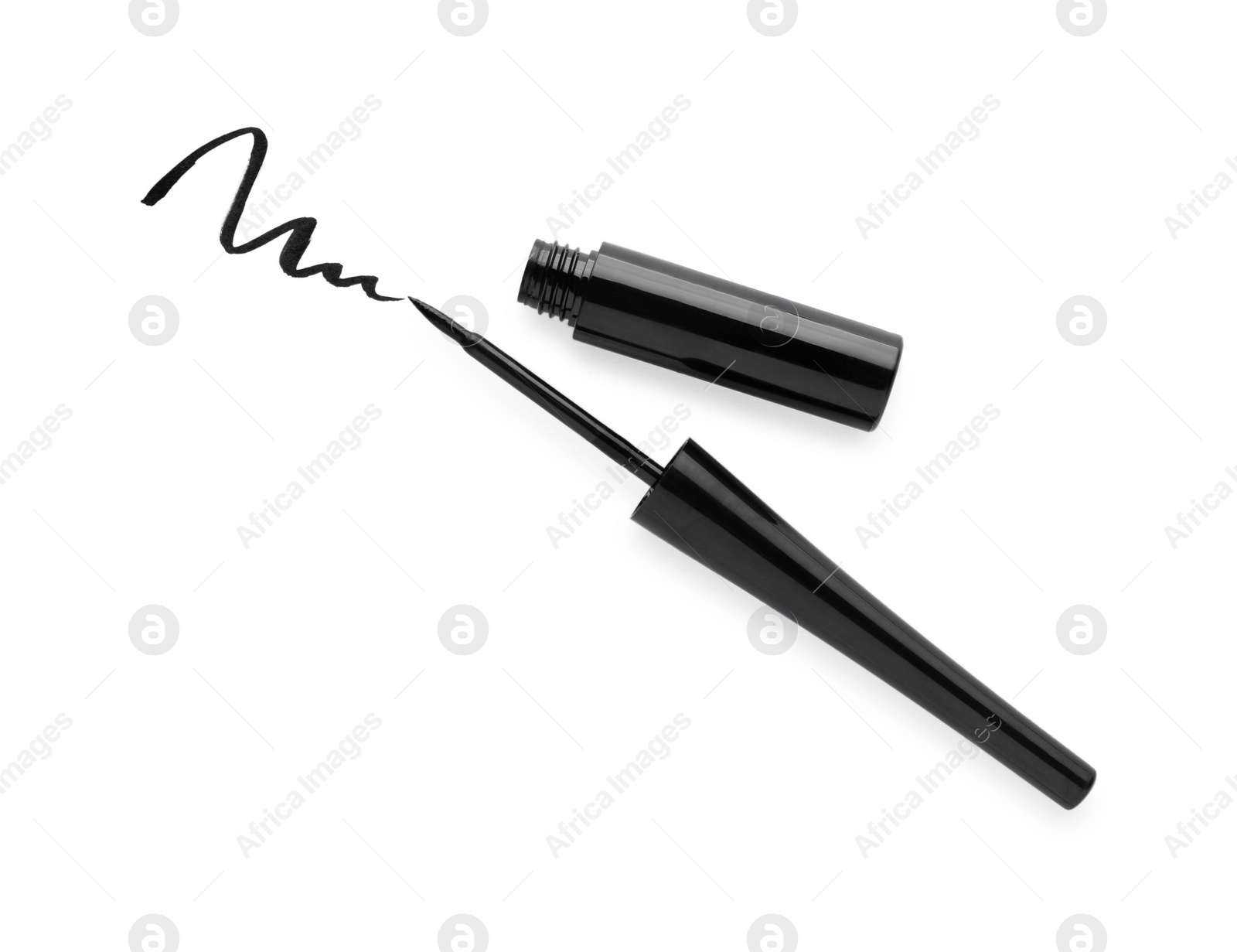 Photo of Black eyeliner and stroke on white background, top view. Makeup product