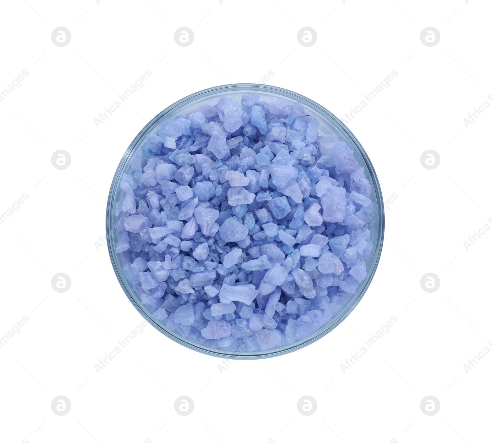 Photo of Glass container of blue sea salt isolated on white, top view