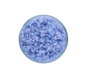 Photo of Glass container of blue sea salt isolated on white, top view