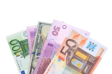 Image of Currency exchange. Euro, hryvnia and dollar banknotes on white background