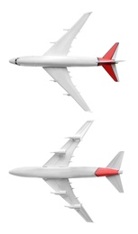 Collage with toy airplane isolated on white, top and bottom view