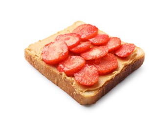 Photo of Tasty peanut butter sandwich with sliced strawberries isolated on white