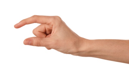 Photo of Woman holding something on white background, closeup of hand