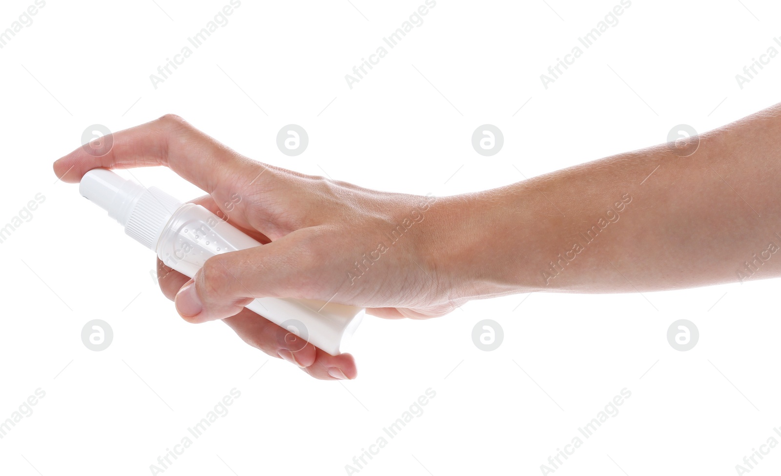 Photo of Woman with bottle of insect repellent spray on white background, closeup
