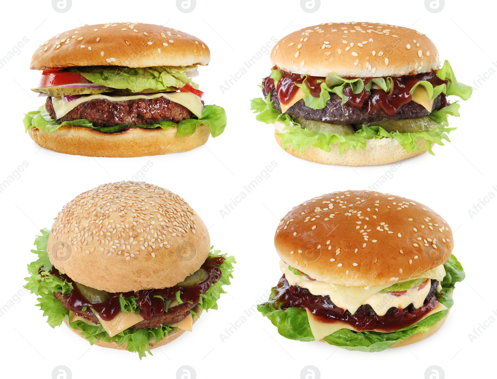 Image of Burgers with delicious patties isolated on white, set