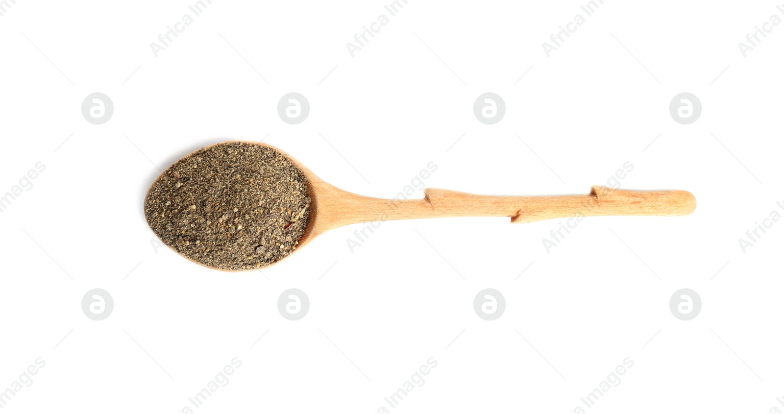 Photo of Spoon of ground black pepper isolated on white, top view