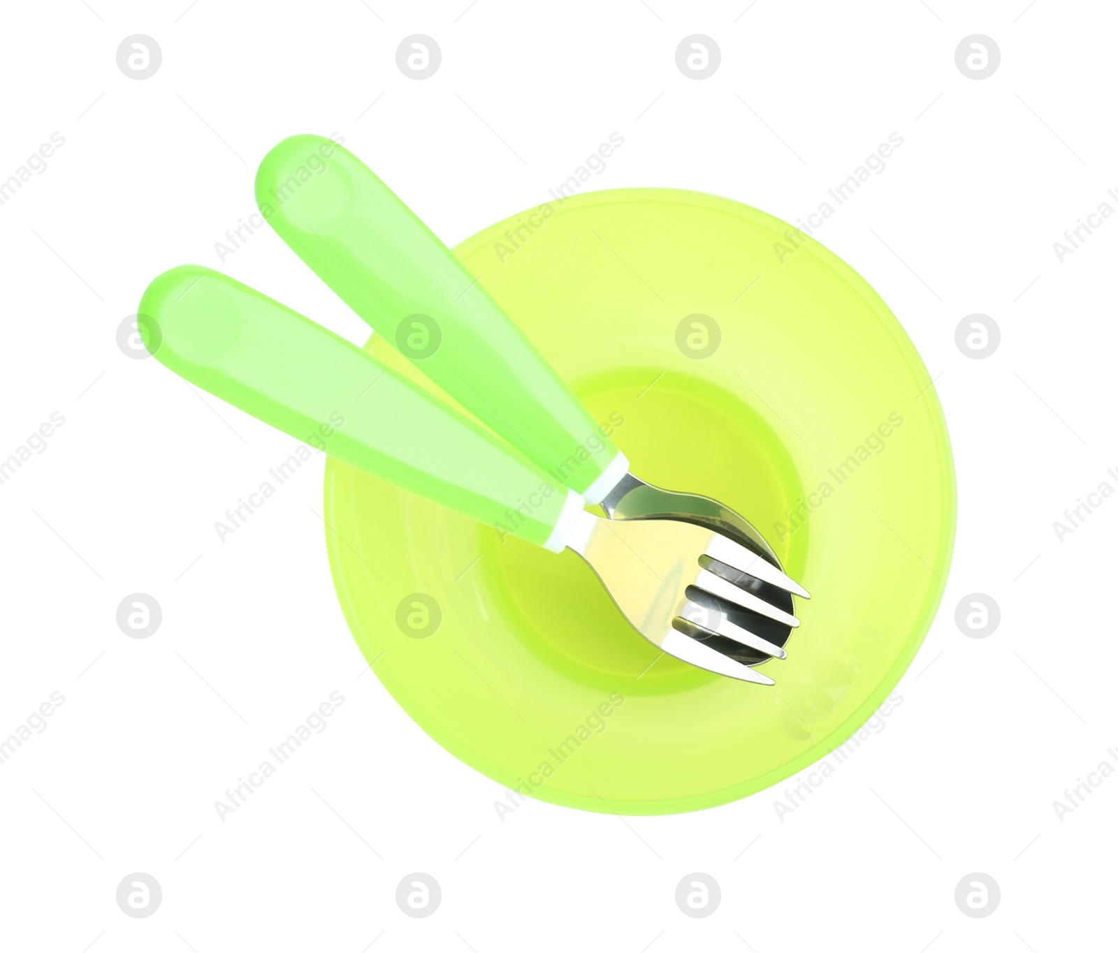 Photo of Plastic bowl with cutlery isolated on white, top view. Serving baby food