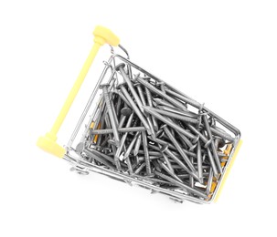Metal nails in shopping cart isolated on white, top view