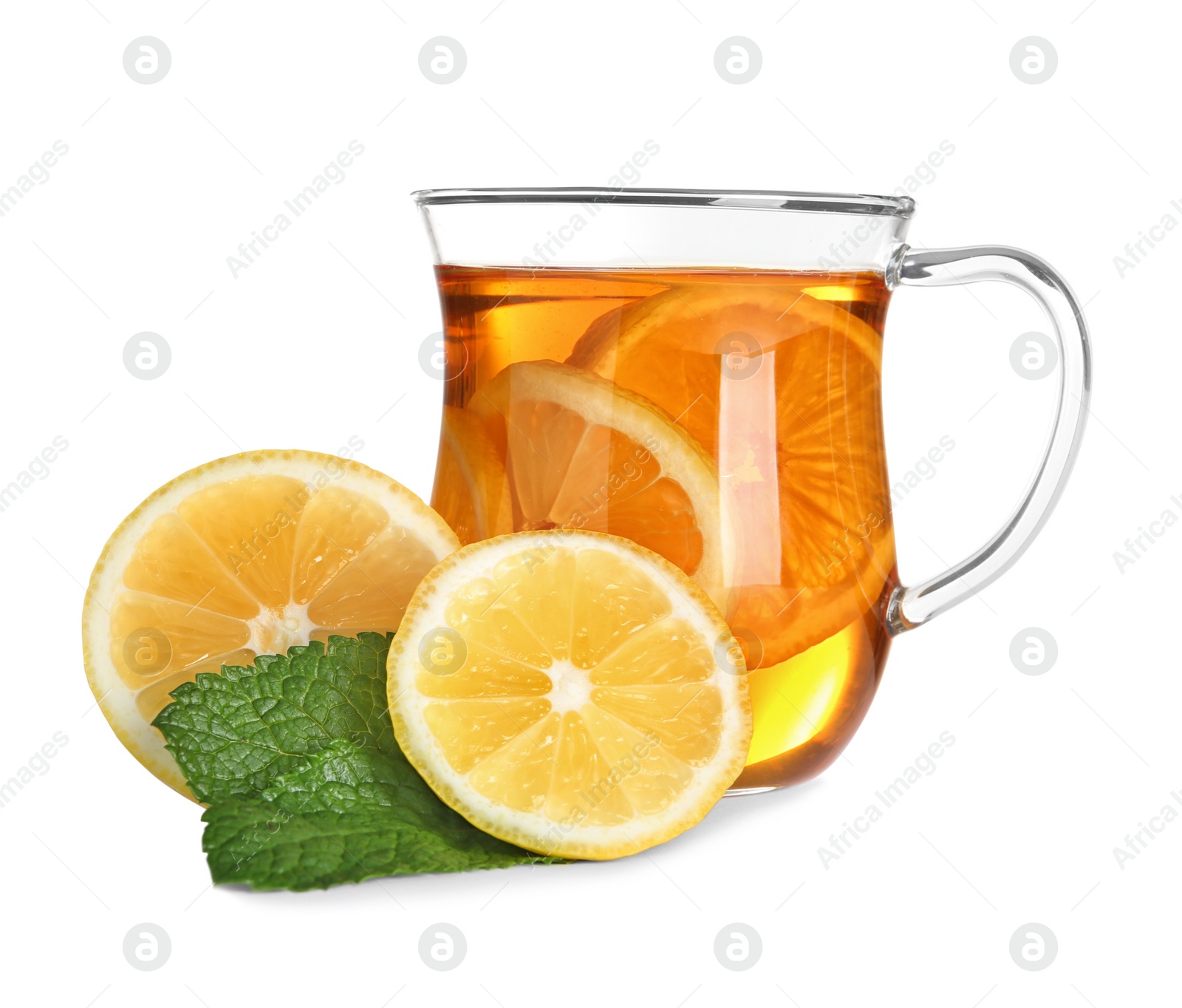 Photo of Cup of tea, lemon and mint on white background