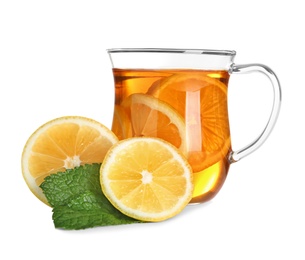 Photo of Cup of tea, lemon and mint on white background