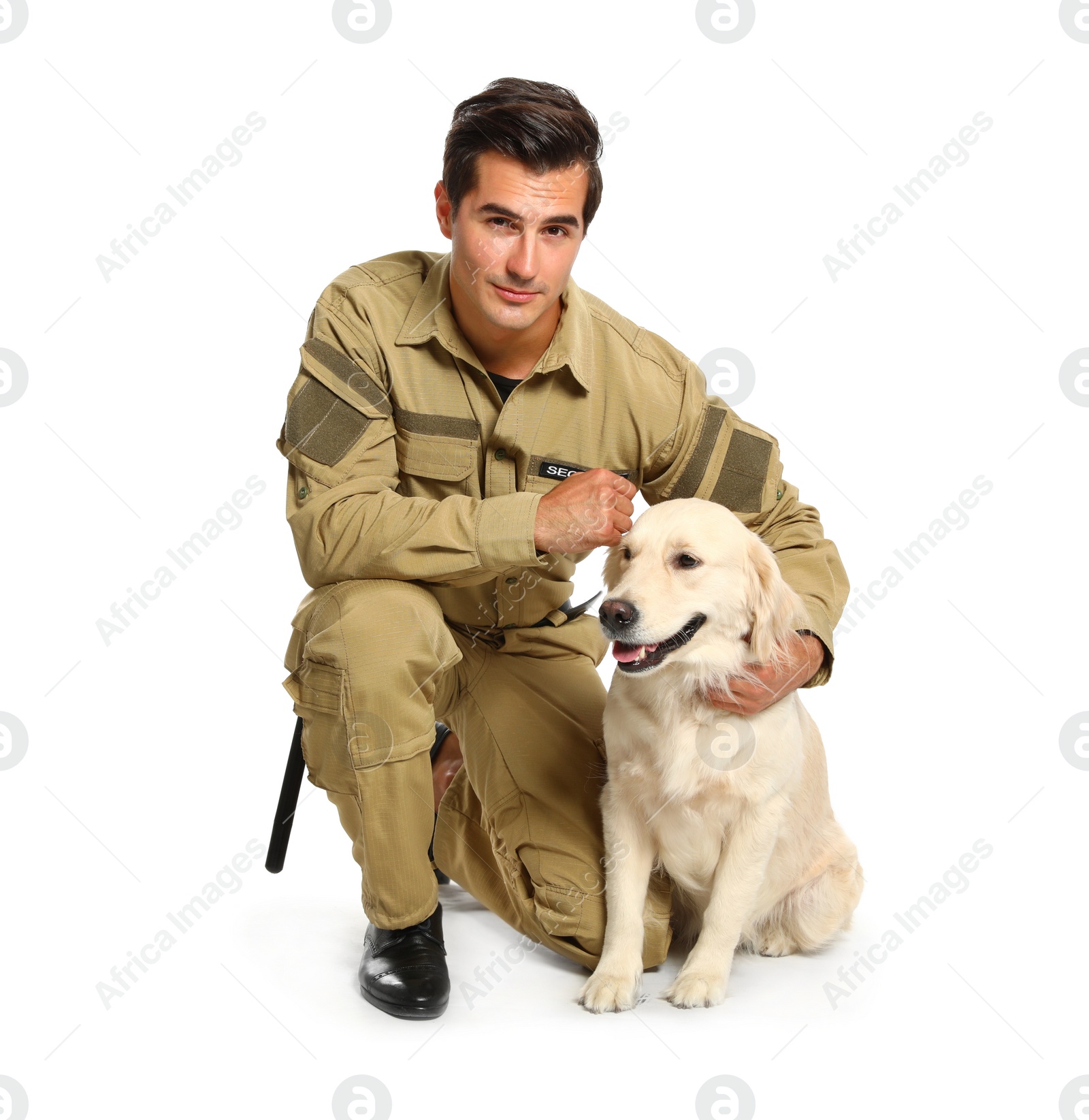 Photo of Male security guard in uniform with police dog on white background