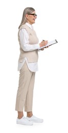 Photo of Senior woman with clipboard on white background