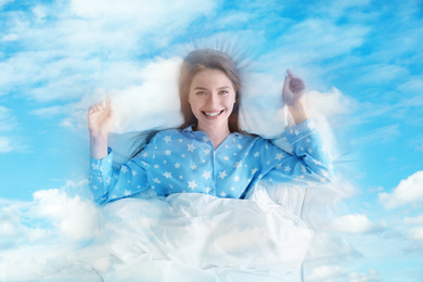 Image of Double exposure of young woman in bed and blue sky