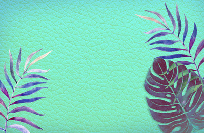 Image of Colorful tropical leaves on bright leather background, flat lay. Creative design