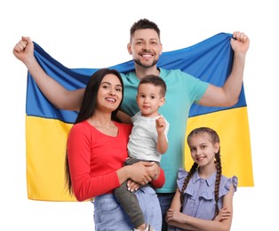 Happy family with flag of Ukraine on white background