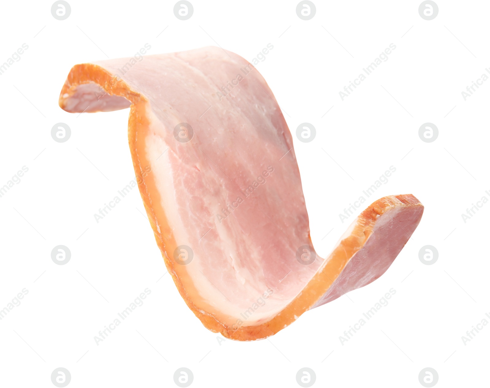 Photo of Slice of delicious smoked bacon isolated on white