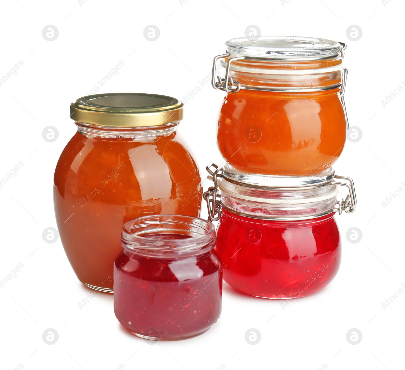 Photo of Jars with different sweet jam on white background