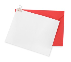 Blank card and letter envelope isolated on white, top view