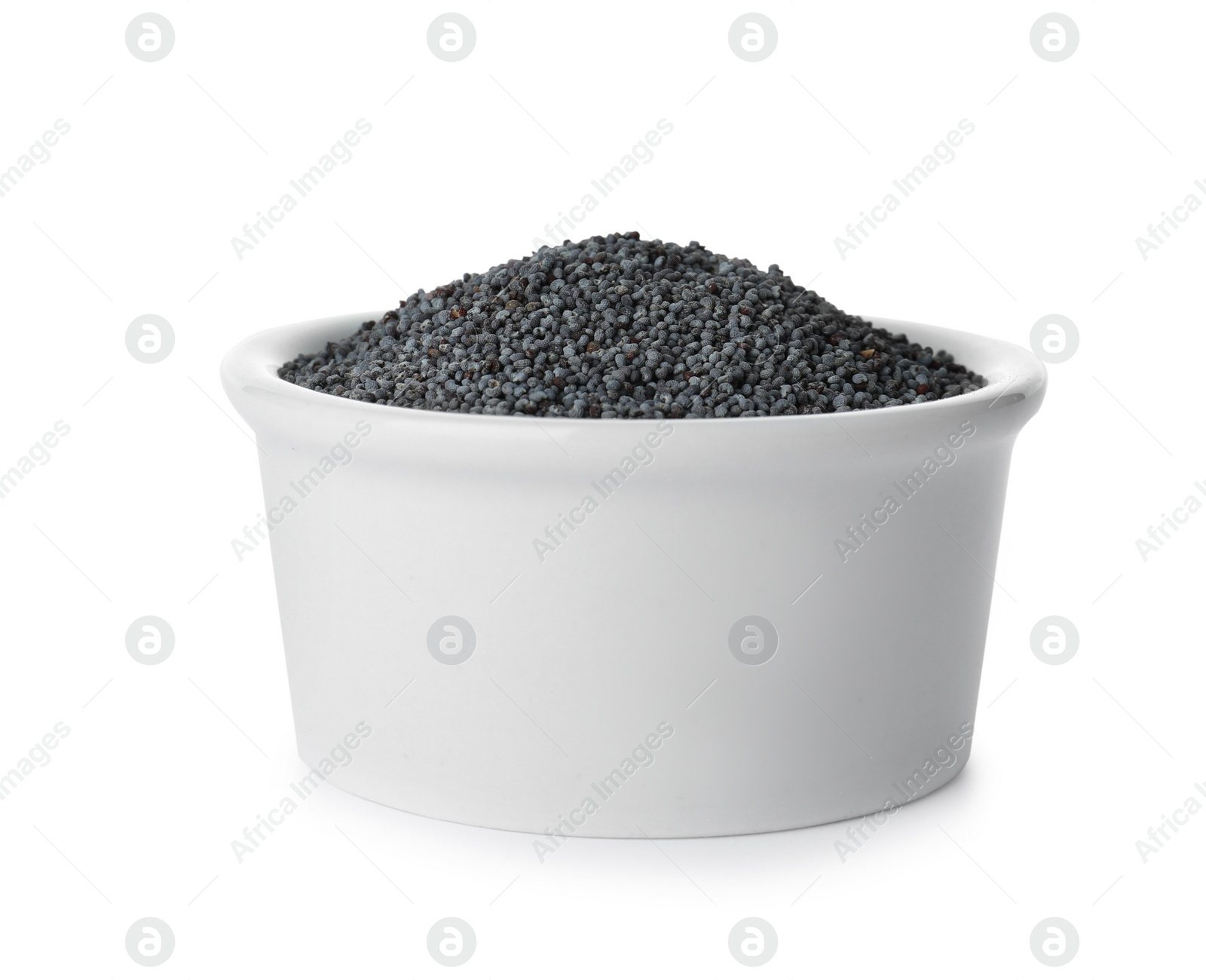 Photo of Poppy seeds in bowl on white background