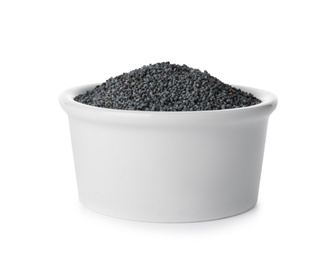 Poppy seeds in bowl on white background