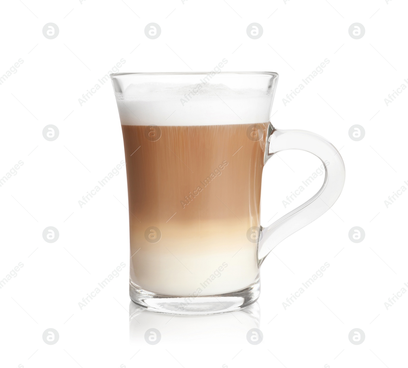 Photo of Hot coffee with milk in glass cup isolated on white