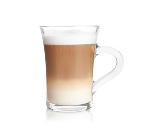 Hot coffee with milk in glass cup isolated on white