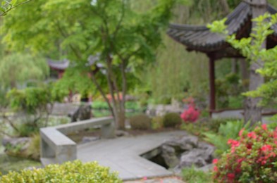 Photo of Blurred view of beautiful plants and oriental pergola in park