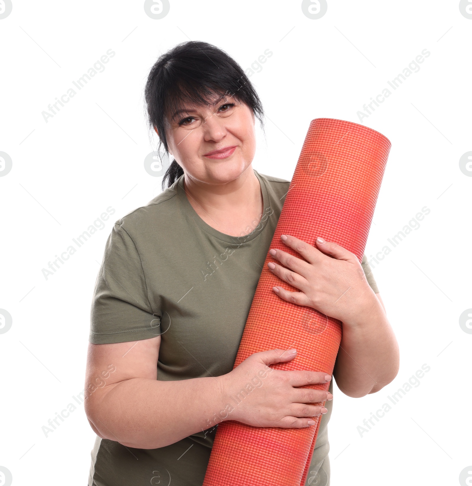 Photo of Happy overweight mature woman with yoga mat on white background