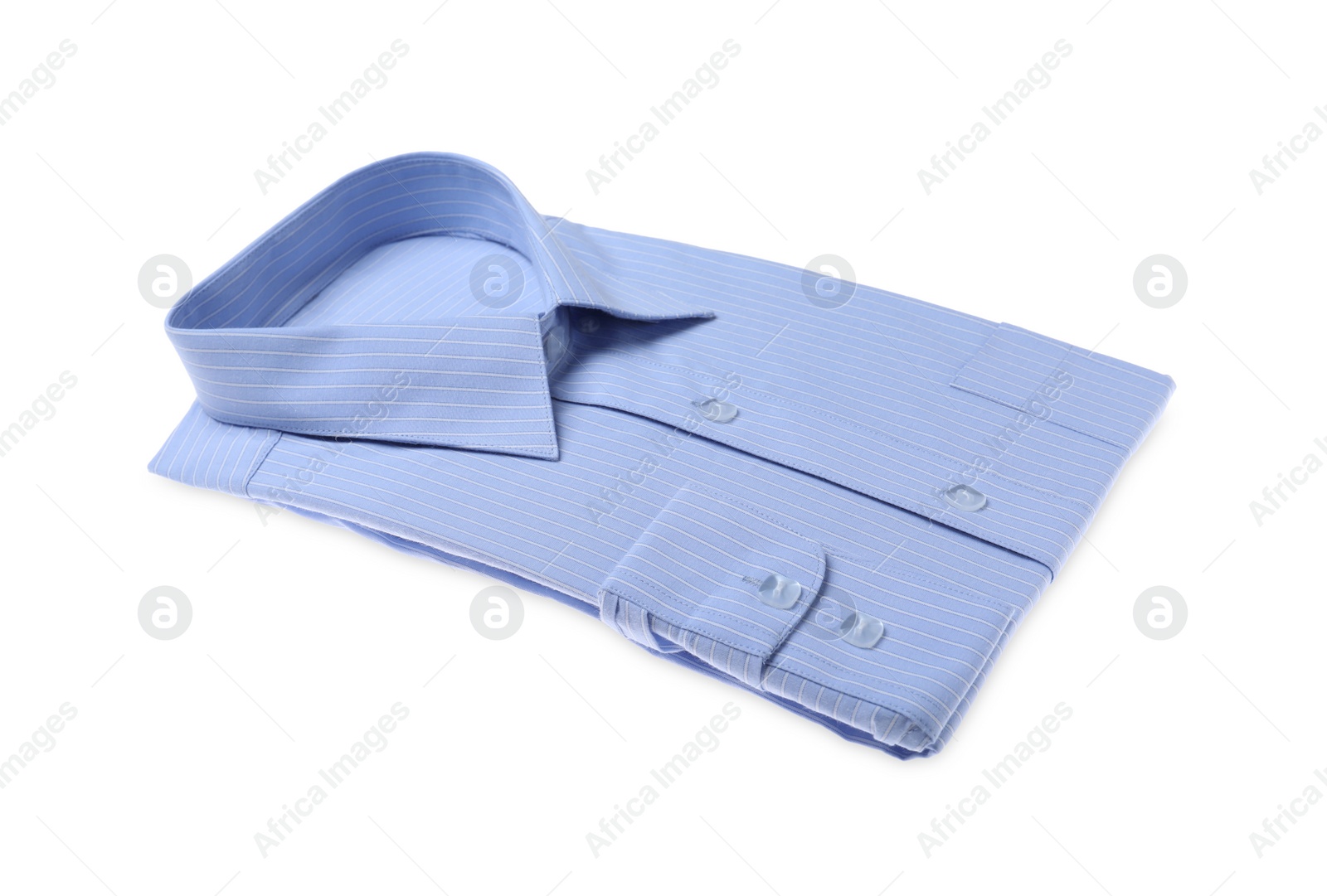 Photo of Stylish light blue shirt isolated on white. Dry-cleaning service