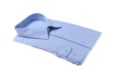 Stylish light blue shirt isolated on white. Dry-cleaning service