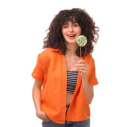 Beautiful woman with lollipop on white background