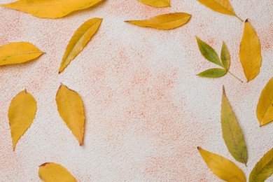 Autumn leaves on color background, flat lay. Space for text