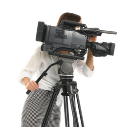 Photo of Operator with professional video camera on white background