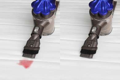 Image of Modern vacuum cleaner on white mattress. Collage with photos before and after cleaning