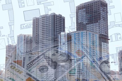 Image of Multiple exposure of cadastral map, money and buildings 