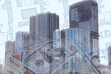 Multiple exposure of cadastral map, money and buildings 