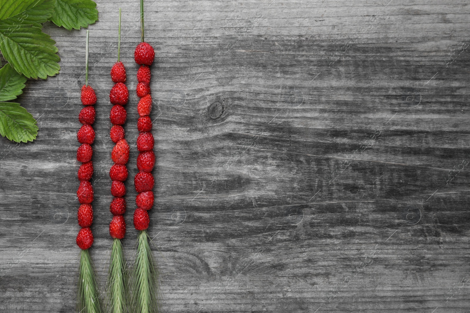 Photo of Grass stems with wild strawberries and leaves on wooden table, flat lay. Space for text