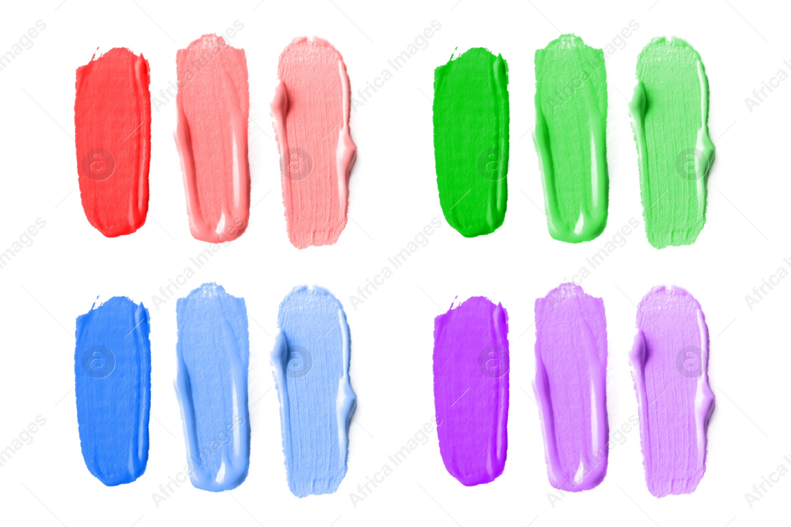 Image of Paint strokes of different colors on white background, top view