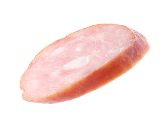 Slice of delicious smoked sausage isolated on white