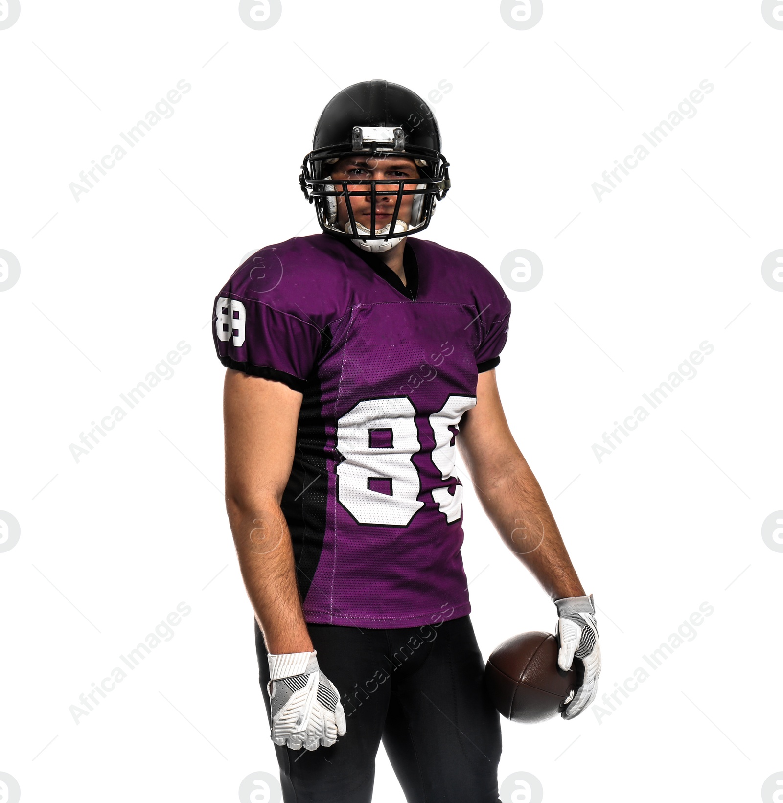 Photo of American football player with ball on white background