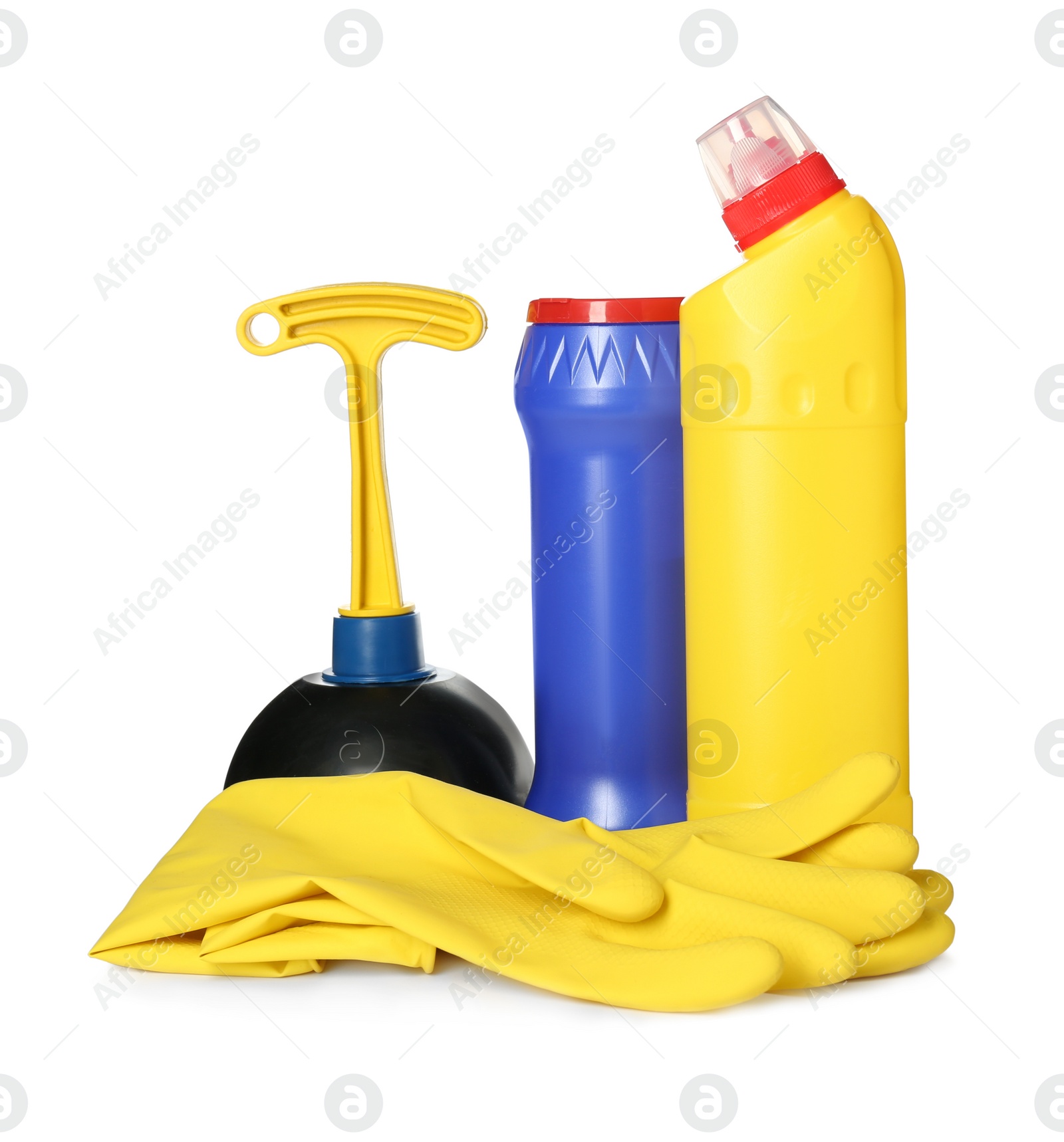 Photo of Toilet cleaner bottles, plunger and gloves isolated on white
