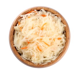 Photo of Bowl of tasty sauerkraut with carrot on white background, top view