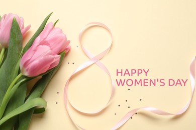 Image of 8 March - Happy International Women's Day. Greeting card design with bouquet of flowers and ribbon on beige background, top view