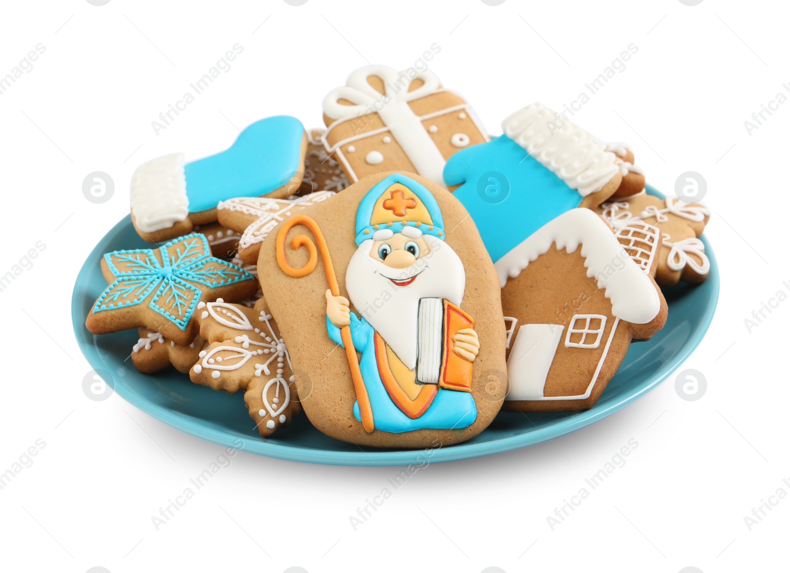 Photo of Tasty gingerbread cookies on white background. St. Nicholas Day celebration