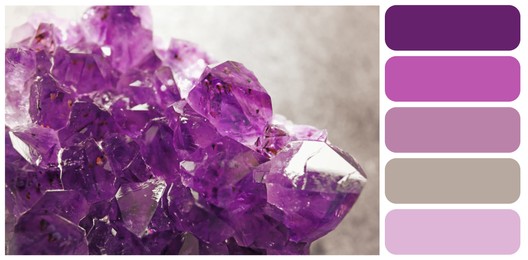 Image of Color palette appropriate to photo of beautiful purple amethyst gemstone on table, closeup