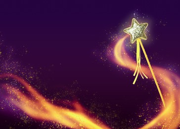 Image of Beautiful magic wand with fairy sparkle on color background
