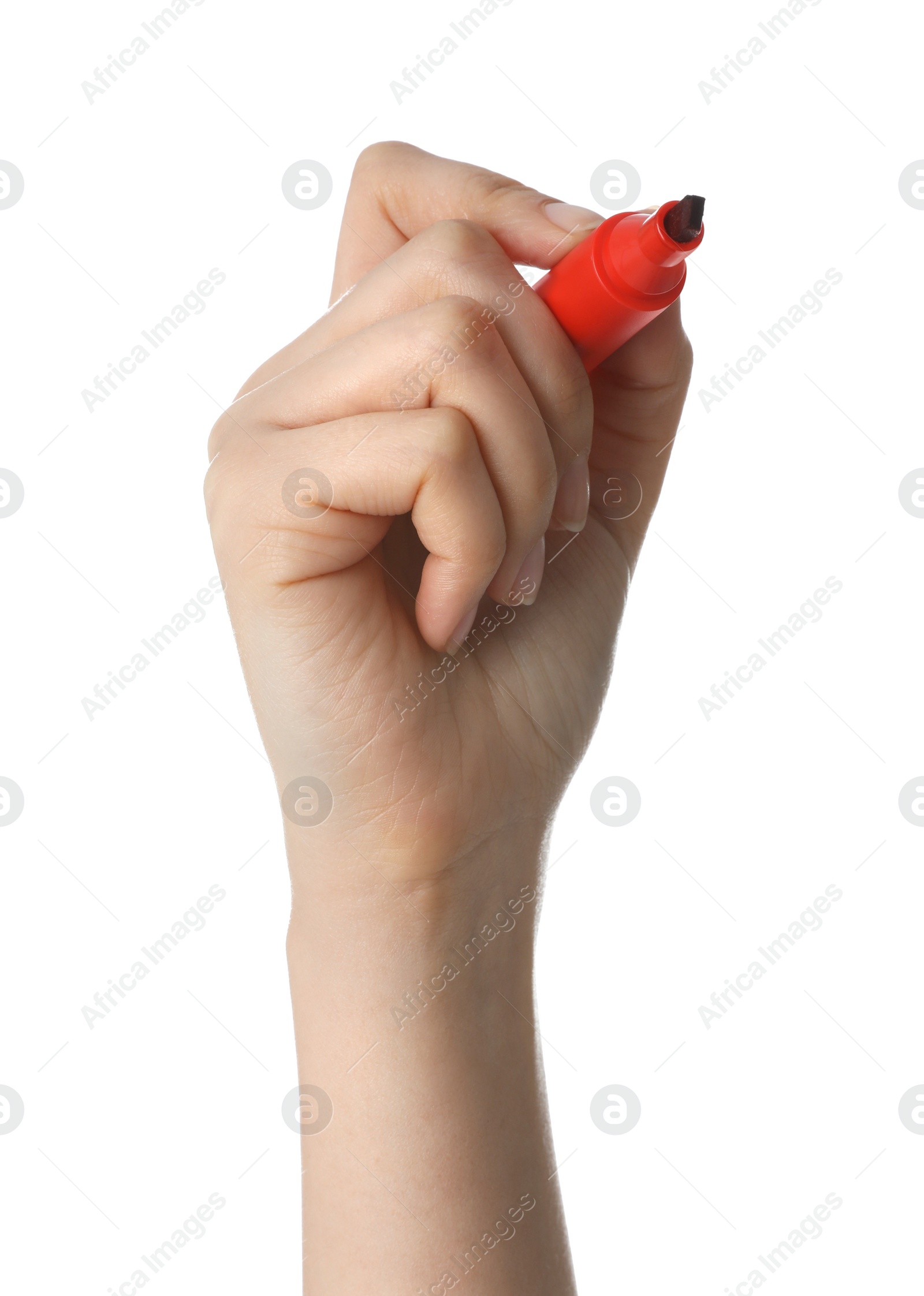 Photo of Woman holding red marker on white background, closeup