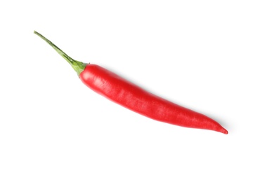 Photo of Ripe red hot chili pepper on white background, top view