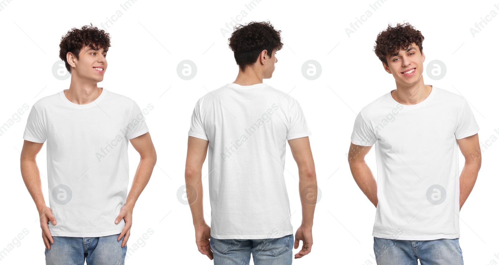 Image of Collage with photos of man in stylish t-shirt on white background, back and front views. Mockup for design