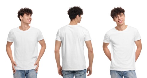 Collage with photos of man in stylish t-shirt on white background, back and front views. Mockup for design